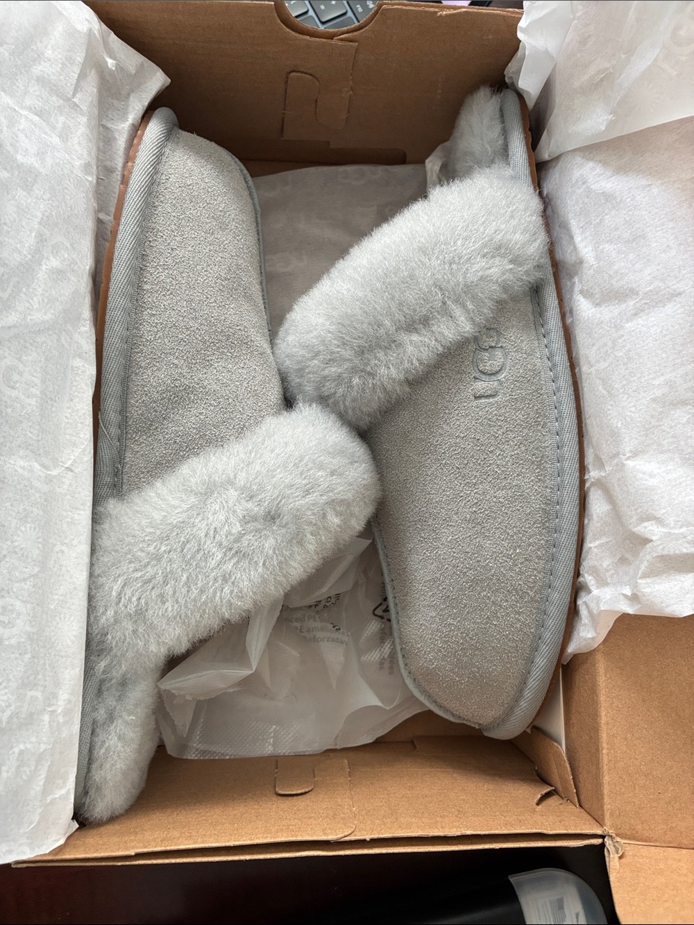 UGG Light Grey Suede Shearling Slip-On Slippers